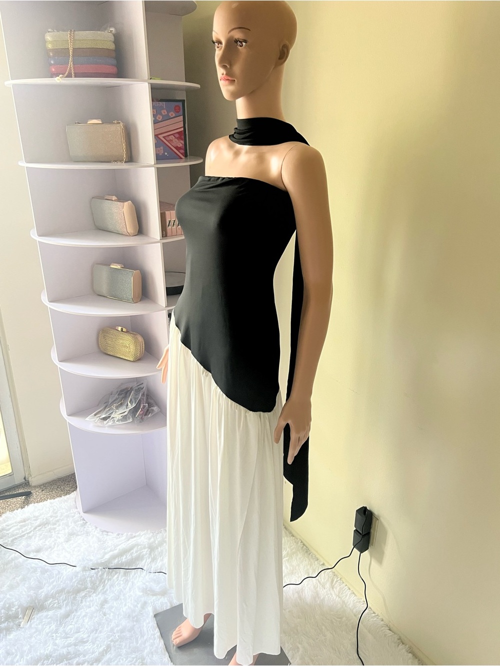 Asymmetric Black & White Maxi dress  with scarf and left side slit